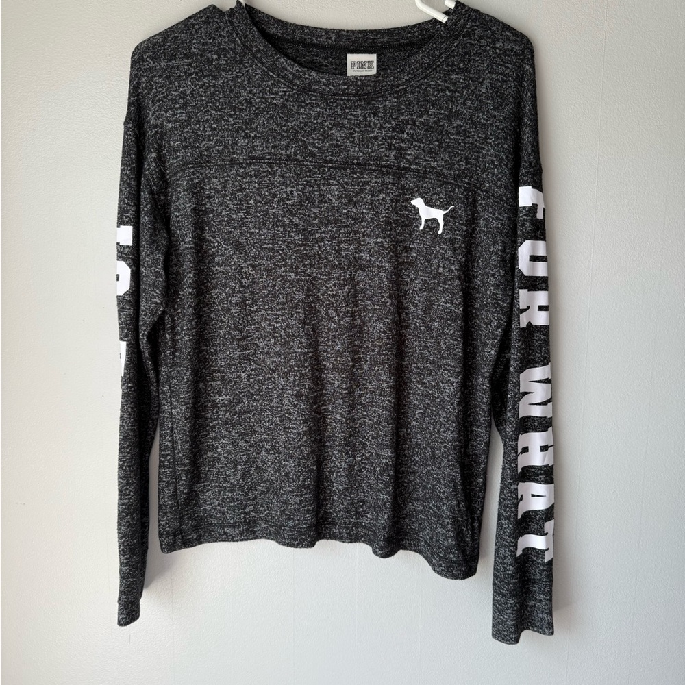 Victoria Secret PINK Gray Long Sleeve “Wake Up For What” Graphic Tee